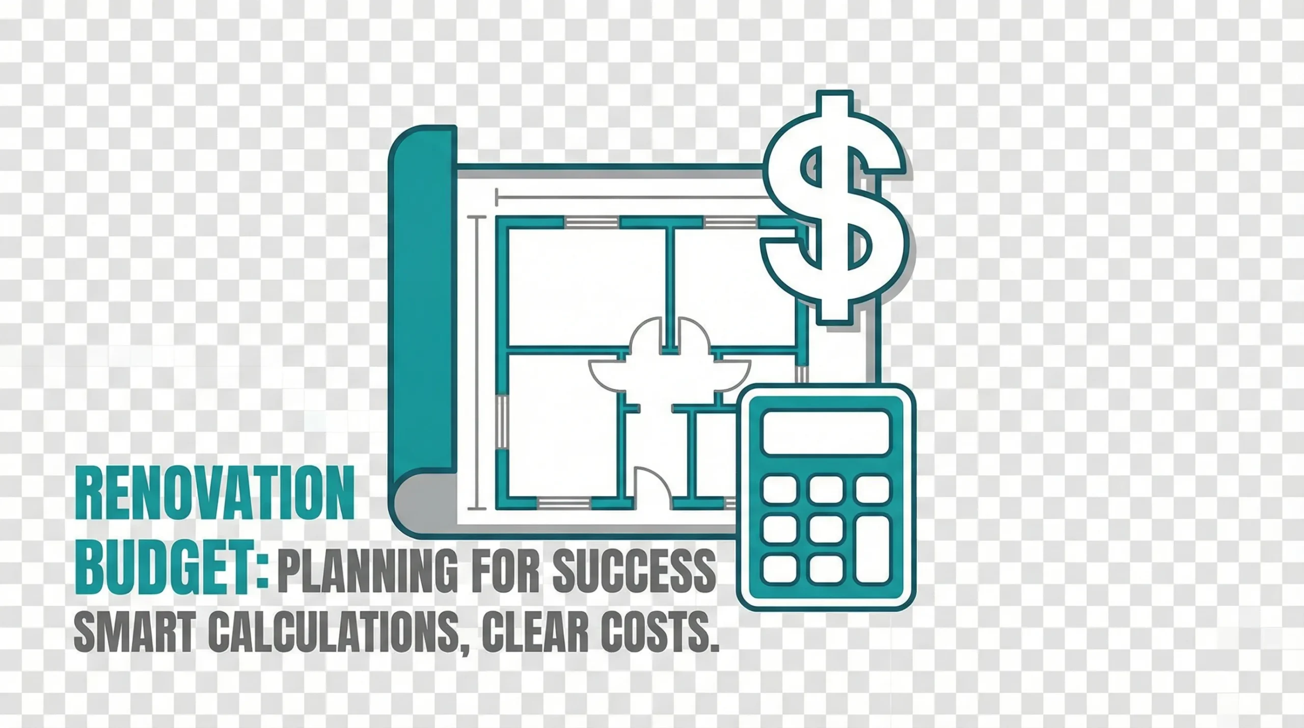 Renovation budget planning illustration showing a home floor plan, calculator, and cost symbol